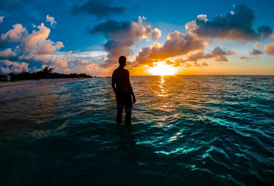 Silhouette of Person on Sea during Golden Hour