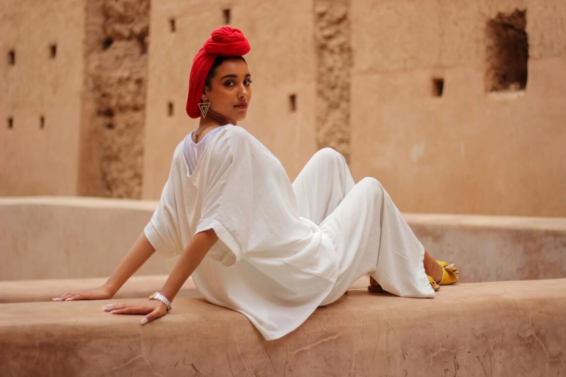 Elegant Woman Posing in Marrakesh Courtyard